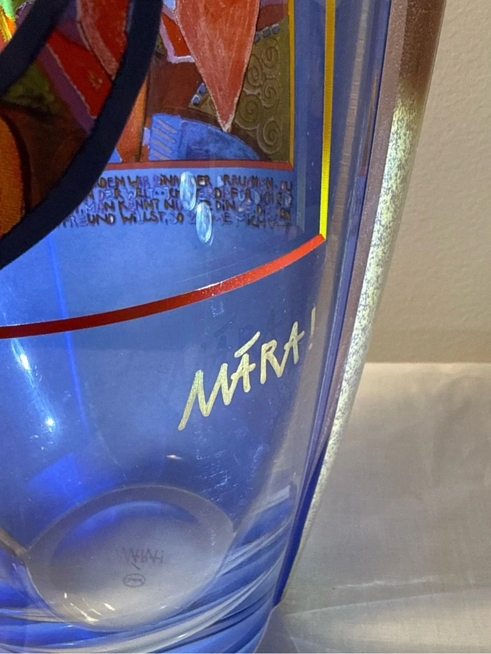 Goebel Blue Glass Vase with Multicolor Heart Motif signed MARA! 30cm tall